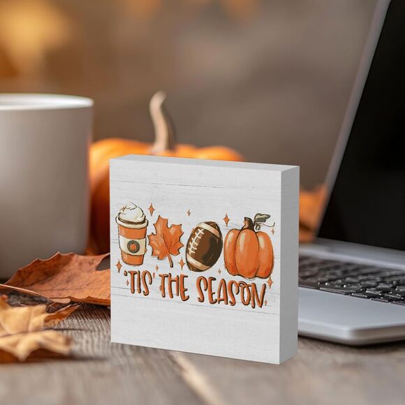 Rustic Tis the Season Pumpkin Wood Box Signs 5x5 Fall Farmhouse Décor - Picture 4 of 6